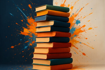 Vibrant stack of books with colorful paint splashes background