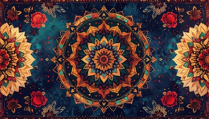 Ornate bohemian carpet with intricate floral and mandala designs on a dark, speckled, dreamy background