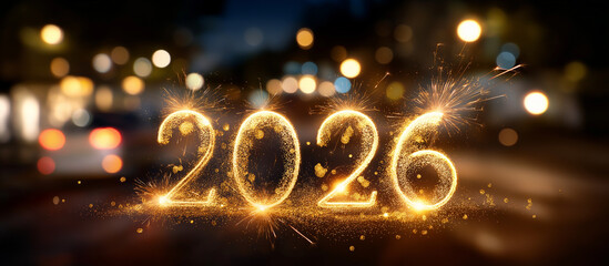 Golden shiny happy new year 2026 lettering animation with sparkling effects heavily defocused background festive christmas celebration concept elegant greeting inscription