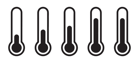 Set of black and white vector thermometers with different temperature levels, modern flat design style