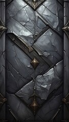 Ornate stone shield with metallic trim. Complex geometry, textures. Detailed, high resolution