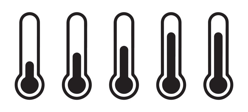 Set of black and white vector thermometers with different temperature levels, modern flat design style