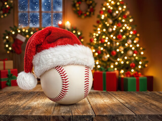 Festive Baseball in Santa Hat on Wooden Table with Christmas Tree Background