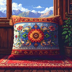 Ornate pillow with floral patterns sits by a window, framed by a mountain view and rustic wooden interior