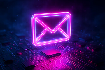 Neon email icon on circuit board with purple glow