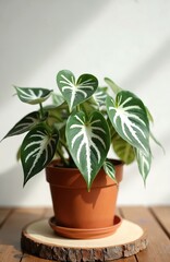 Fototapeta premium Green peperomia plant with heart shaped leaves sits in brown pot on wooden table. White background with shadow adds depth. Natural home decor, indoor botany beauty.