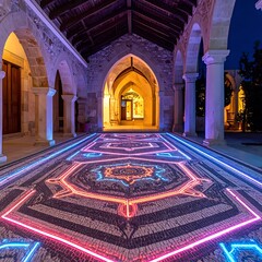 Ornate stone walkway with glowing geometric patterns leading to a arched structure at night with dim, ambient light