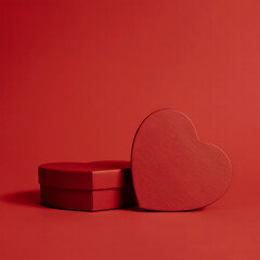 Minimal Red Heart Shaped Box And Lid Abstract Love Concept On Red Background