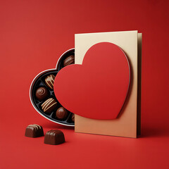 Luxury Chocolate Assortment In Heart Box With Greeting Card On Red Background