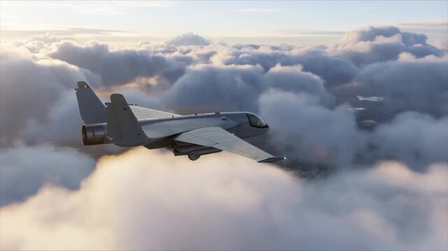 Future Warfare: AI-Driven Autonomous Military Drone Above Clouds