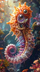 Ornate, surreal seahorse with whimsical, eye-like decorations floating in a colorful, dreamlike underwater environment