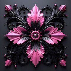 Ornate, stylized pink flower with swirling black leaves set against a dark gray square backdrop