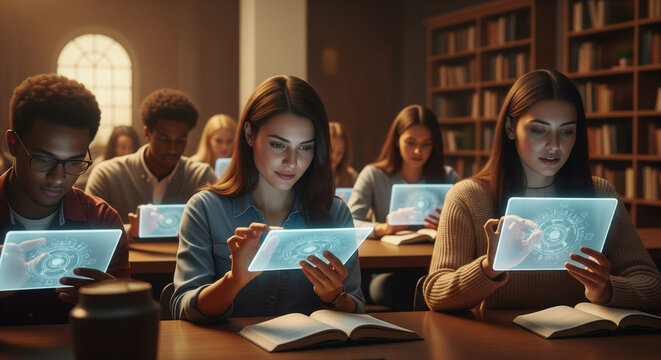 Digital Immersion in Education: Students engage in a futuristic learning environment, engrossed in glowing digital displays, symbolizing the evolution of education and technology.