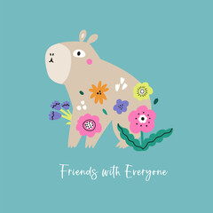 Cute Capybara with Flowers Colorful Vector Illustration for Kids Poster and Print