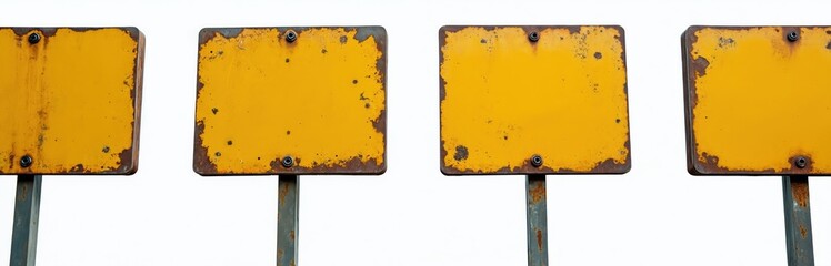 Four old yellow signs on metal posts. Signs have rusty edges and look weathered. They are blank and ready for custom text, messages or directions.