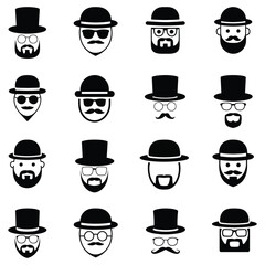Set of top hats, bowlers, beards and mustaches icons