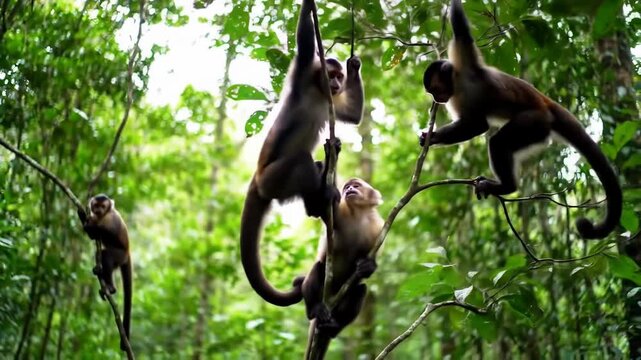A group of capuchin monkeys climbing trees in a lush jungle.