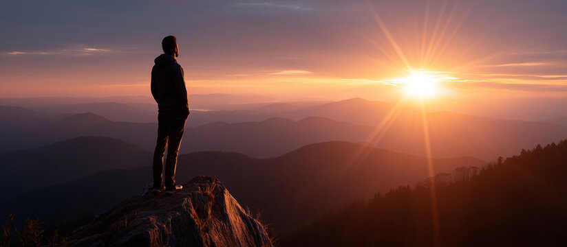 Year 2026 concept at sunset heavily defocused background faceless silhouette 2026 standing on mountain with sun rays at sunrise creative idea visualization with copy space
