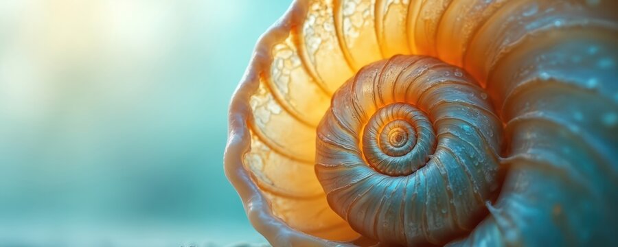 Macro view of nautilus shell spiral curve. Natural golden ratio pattern inside sea mollusc. Orange and blue hues create abstract texture. Ocean life, marine biology science.