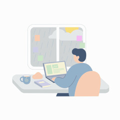 Flat vector desk by window with laptop, mug, and pastel notes, Rainy Window Desk