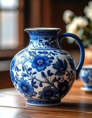 Ornate pitcher with blue flower designs on table, bathed in soft natural light
