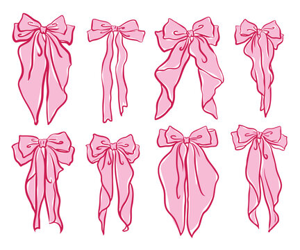 Cute cute pink ribbon clip art collection vector. Hand drawn bow aesthetic clp art