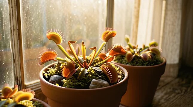 Potted Venus Fly Trap plants with orange traps on a windowsill in terracotta pots
