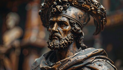 Ornate bronze statue of a bearded man in regal attire, showcasing intricate details and a thoughtful expression