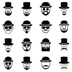 Different styles of beards, bowler hats, mustaches, and eyeglasses