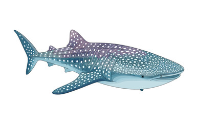Fototapeta premium Majestic whale shark swimming with its signature white spots and blue-grey patterns against white background.