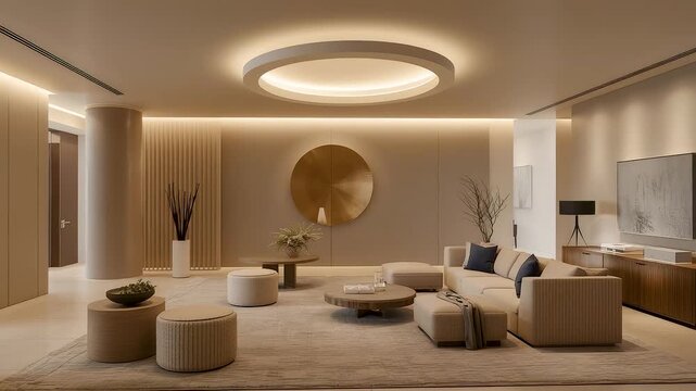 Elegant modern living room interior with soft ambient lighting neutral furniture and circular design elements creating calm luxury atmosphere