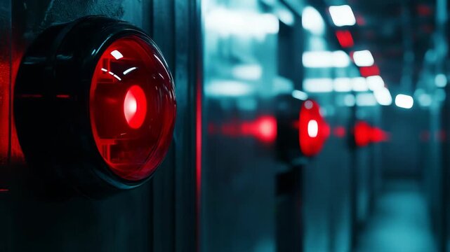 Red security light flashing in a dark metallic corridor, symbolizing technology, surveillance, and alert system in futuristic interior design emphasizing emergency safety and modern visual aesthetic