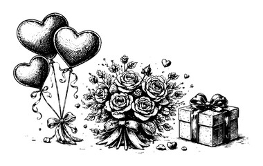 Vintage Hand Drawn Valentine Illustration with Heart Balloons Roses and Gift Box
