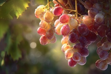 Dewy grapes on vine, backlit with morning translucence