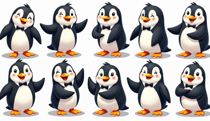 Obraz premium Cute cartoon penguins wear bow ties, strike various playful poses. Characters stand together, animated, adorable, and cheerful. Ideal for kids designs, winter themes, and party invitations.