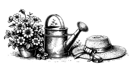 Vintage Hand Drawn Spring Gardening Illustration with Flowers Watering Can and Straw Hat