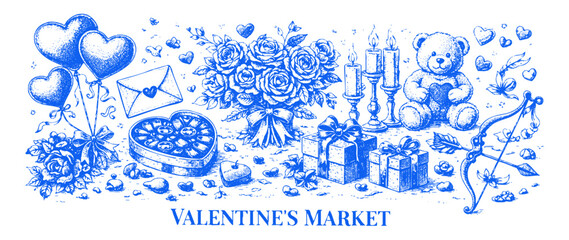 Vintage Blue Ink Valentine Illustration with Heart Balloons Roses and Gift Box