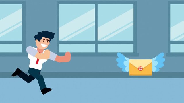 businessman running after a flying envelope with wings, representing the pursuit of messages or opportunities.

