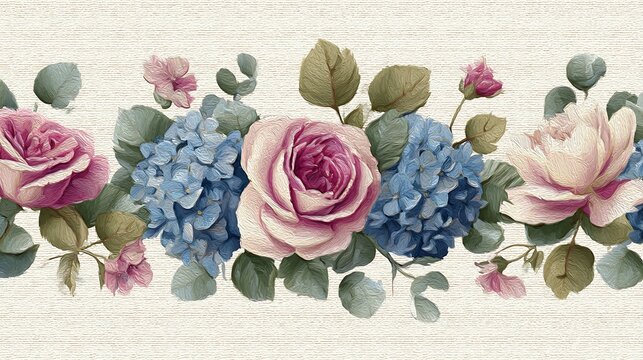 Pink roses and blue hydrangeas on green leaves against beige background flowers - Powered by Adobe