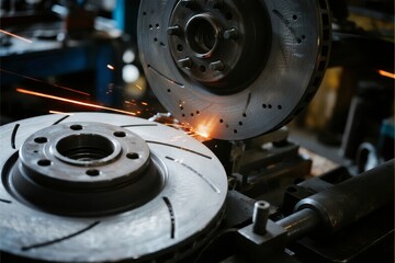 Metal grinding process producing sparks in industrial workshop