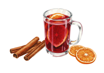 Watercolor flat lay of a steaming ruby red mulled wine mug with cinnamon, star anise, and orange slices, isolated on a transparent background. Classic christmas winter drink concept