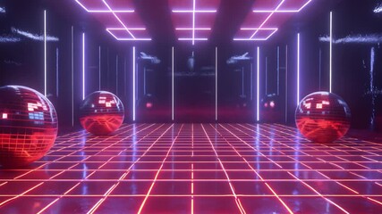 Futuristic 80s-style neon room with glowing grid floor and pink lights, symbolizing retro design, digital culture, technology, and cyber aesthetics inspired by vintage synthwave and modern sci-fi art - Powered by Adobe