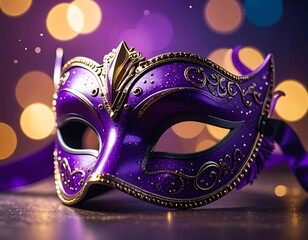 Ornate purple masquerade mask with golden accents on a dark surface with bokeh lights in background