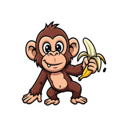 Obraz premium Cute cartoon monkey illustration holding a banana, happy primate mascot character, friendly jungle animal isolated on white background