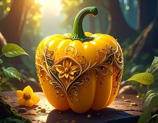 Ornate, radiant yellow pepper rests on rustic wood, graced with golden floral filigree in a sun-dappled forest scene