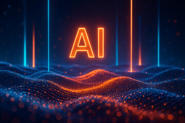 Vibrant AI neon sign in futuristic digital landscape with glowing waves