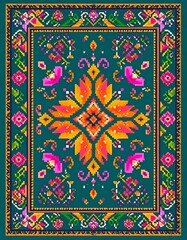 Ornate, teal rug featuring a central, pixelated starburst design, bordered by colorful, geometric floral elements
