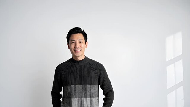 白背景のスタジオで撮影された日本人男性の上半身ポートレート。
ニットセーター姿で、IT・企画・コンサル業界を想起させる清潔感ある印象。
柔らかなライティングと浅い被写界深度により、信頼感と親しみやすさを表現。