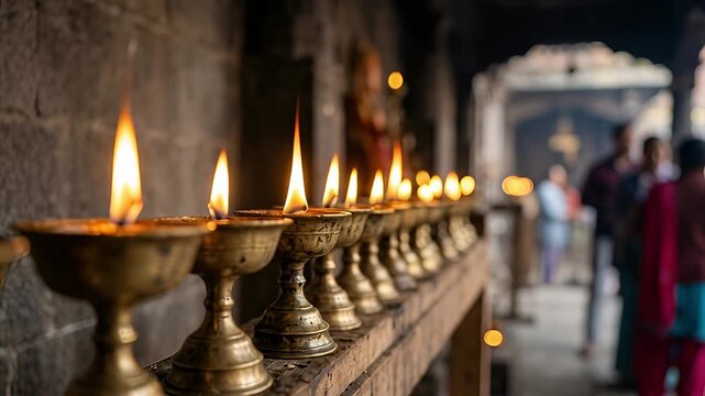 Row of traditional oil lamps illuminate a sacred temple in Nepal creating a spiritual ambiance.