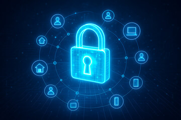 Digital security concept with glowing blue padlock and icons
